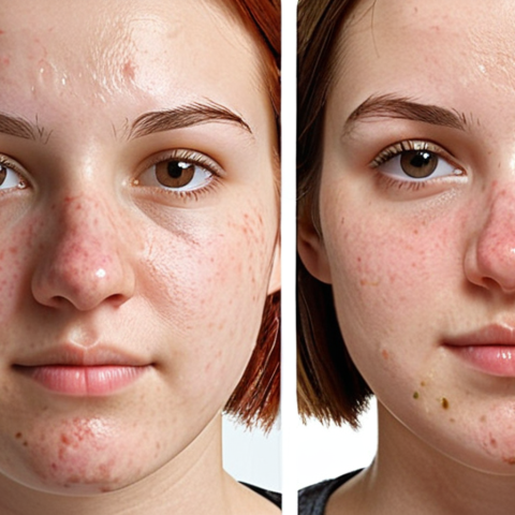 **

A clear, high-quality before-and-after photo showcasing the results of an acne treatment. The "before" photo shows a face with visible acne and redness. The "after" photo shows a significant reduction in acne and improved skin clarity. Include a brief caption highlighting the specific treatment used and the timeframe for the results. Use soft, natural lighting for a professional and trustworthy look.

**