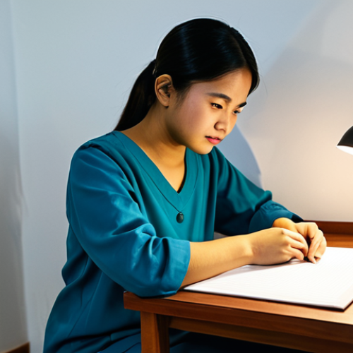 A determined young Malay woman, fully clothed in modest, comfortable home attire, is meticulously practicing skincare techniques in a cozy bedroom corner of a Malaysian home. She is seated at a small study desk with a simple desk lamp casting soft shadows, focused intently on a small mirror. The scene captures a humble, dedicated learning environment. Appropriate attire, safe for work, perfect anatomy, natural pose, well-formed hands, proper finger count, natural body proportions, professional photography, high quality, family-friendly content.