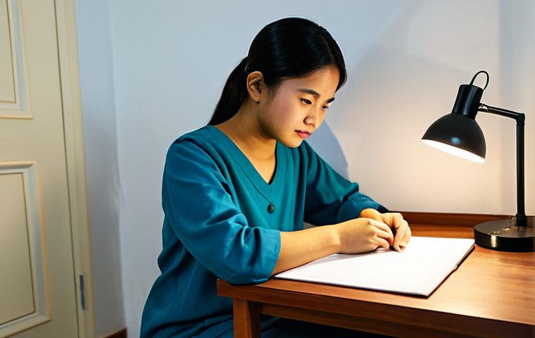 A determined young Malay woman, fully clothed in modest, comfortable home attire, is meticulously practicing skincare techniques in a cozy bedroom corner of a Malaysian home. She is seated at a small study desk with a simple desk lamp casting soft shadows, focused intently on a small mirror. The scene captures a humble, dedicated learning environment. Appropriate attire, safe for work, perfect anatomy, natural pose, well-formed hands, proper finger count, natural body proportions, professional photography, high quality, family-friendly content.